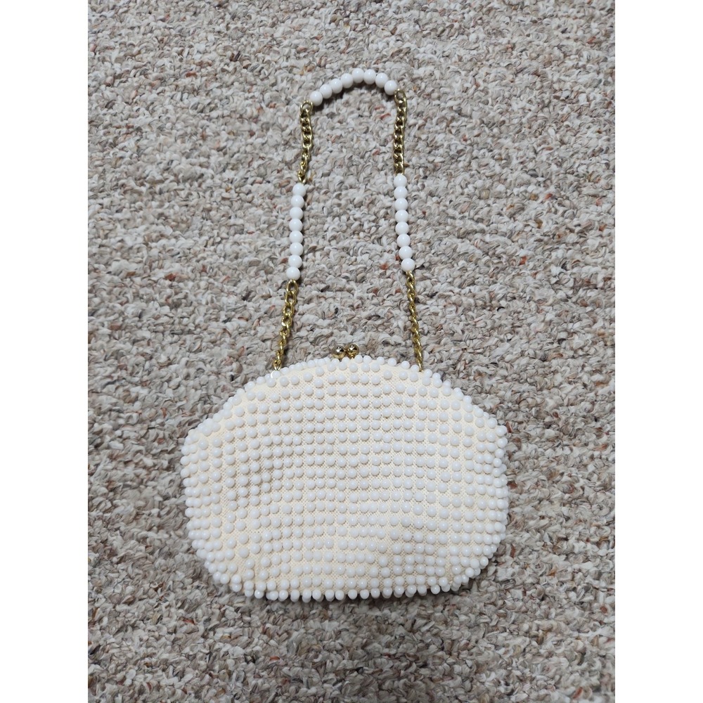 John Wind Purse Vintage Beaded 60's Hong Kong Boho Hippie Cloth Bag Ivory Gold